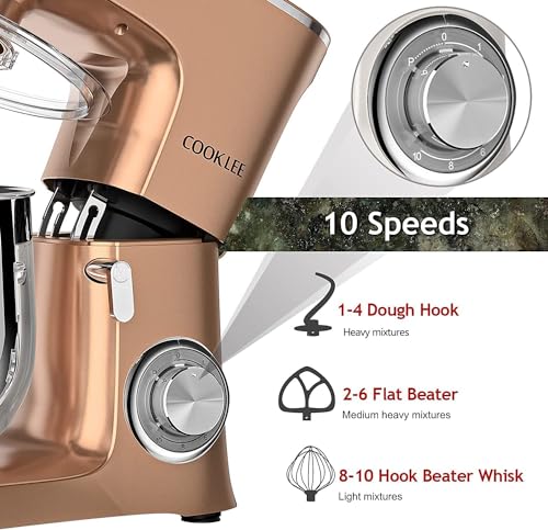 COOKLEE Stand Mixer, 9.5 Qt. 660W 10-Speed Electric Kitchen Mixer with Dishwasher-Safe Dough Hooks, Flat Beaters, Wire Whip & Pouring Shield Attachments for Most Home Cooks, Champagne