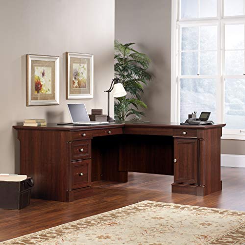 Image of Sauder Palladia L Shaped Desk with Drawers, Office Desk with File Cabinet Storage, Cable Management, Keyboard Tray, in Select Cherry finish