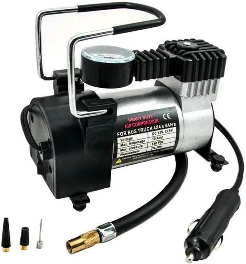 Compressor Veicular De Ar Mini Elétrico Portátil Prata 12V Com Manômetro Encher Pneu Bicicleta, Carro, Caminhão, Onibus, Vans Alta Pressão Com 3 Bicos Para Inflar PREMIUM ONYK