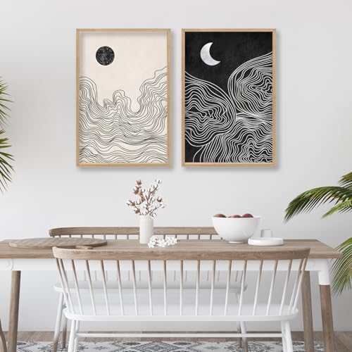 Black and White Sun Moon Boho Wall Art 16'x11' 2 Pieces Wooden Framed...