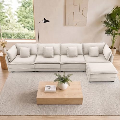 Image of Corduroy Sectional Couch, 4 Seater 149.2 inch L Shaped Cloud Couch with Ottoman, Modular Deep Seat Sofa with Pillows for Living Room, Apartment, Beige