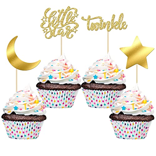 Gyufise 24Pcs Little Star Cupcake Toppers with Moon Gold Glitter Twinkle Star Cupcake Picks Baby Shower Kids Birthday Party Cake Decorations Supplies