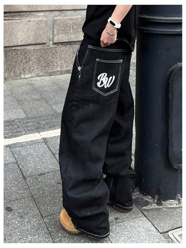 GORGLITTER Men's Baggy Wide Leg Jeans Y2k Letter Graphic Zipper Fly Denim Pants with Pockets4