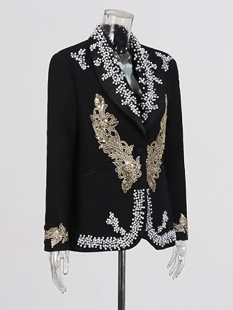 Luxury Evening Blazer with Pocket for Women Lapel Long Sleeves Patchwork Embroidery Chic Coats Female Fashion Clothes