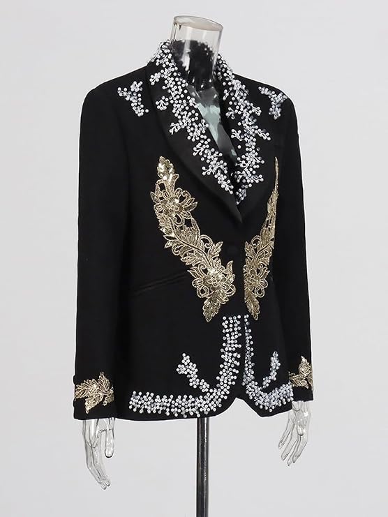 Luxury Evening Blazer with Pocket for Women Lapel Long Sleeves Patchwork Embroidery Chic Coats Female Fashion Clothes