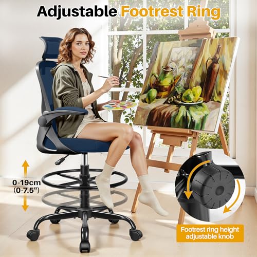 Image of Drafting Chair, Tall Office Chair for Standing Desk, Ergonomic High Back with Headrest, Lumbar Support, Foot Ring and Flip-up Armrests, Navy Blue