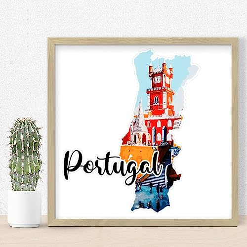 Joli panneau mural en bois moderne avec cadre vieilli paysage urbain Portugal