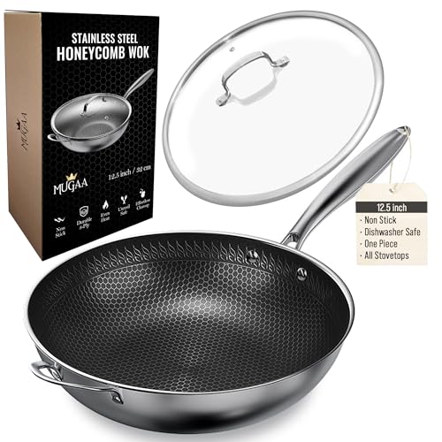 Image of MUGAA 12.5” Nonstick Stainless Steel Wok Pan with Lid | Tri-Ply Honeycomb Hybrid Stir-Fry Pan | Nonstick Woks & Stir-Fry Pans | PFOA-Free, Induction, Dishwasher & Oven Safe