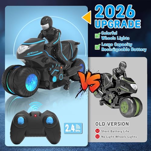 RC Motorcycle, Remote Control Motorcycle with RGB Wheels Lights - 360-degree Rotations, Drifts, High-Speed, RC Car Dirt Bike Toy for Boys 4-7 8-12 Years Kids - Image 3