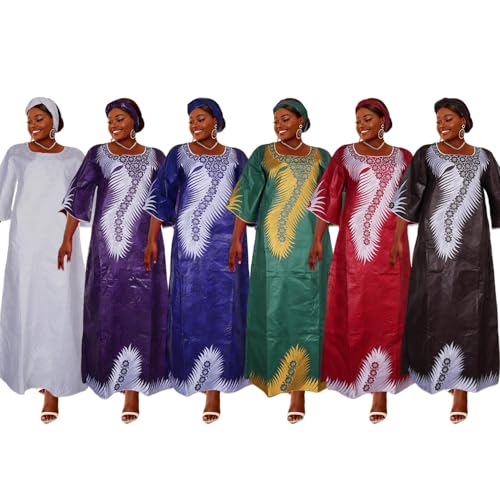 Image of HD African Bazin Riche Maxi Dress for Woman Traditional Embroidery Dashiki Dresses with Head Wraps