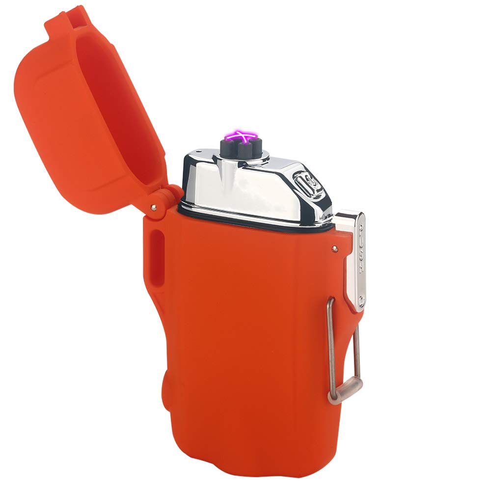 REM FACIO Waterproof Lighter, Dual Arc Electric Lighters USB, Outdoor Windproof Lighter ARC Rechargeable Lighter for Camping,Hiking,Outdoor Adventure,Survival Tactical (Camouflage) (Orange)