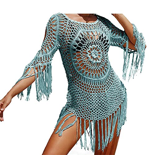 XinYiC Mujeres Encaje Crochet Beach Cover Ups Borlas Ropa de Playa Casual Bikini Traje de baño Cubrir Blusas Playa Encaje Crochet Top Vestido de Playa - Blanco - M Cover