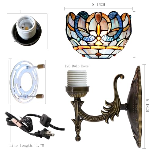 Image of Tiffany Wall Sconce Lamp Stained Glass 8X10.5X11 Inch Plug in Wall Bedside Light for Hallway Bedroom (Blue Purple Cloudy Style)