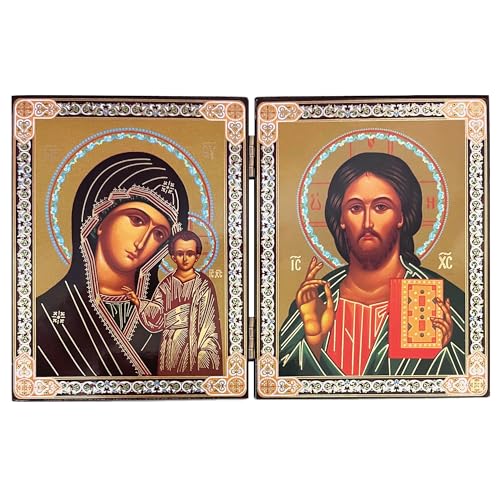 Religious Gifts Christ The Teacher and Virgin of Kazan Russian Orthodox Icon Diptych 5 1/4 Inch