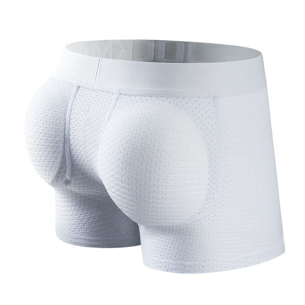 Mens Padded Backside Enhancer Underwear Sexy Mesh Breathable Boxer Briefs with Hip Pad Shorts, Removable, M-2XL (Color : White, Size : XL)