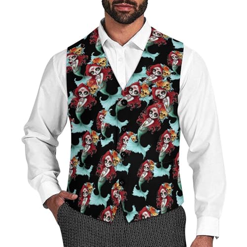 Mermaid with Day of The Dead Suit Vest for Men Waistcoat Dressy V Neck Button Down Sleeveless Business Jacket Coat