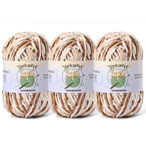 Image of 3 Pack of 300g (590yds) Fuzzy Chenille Yarn for Crocheting, Fluffy Amigurumi Crochet Yarn for DIY Craft /Hat /Clothes, Soft Velvet Baby Blanket Yarns (3 White Coffee)