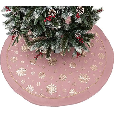 JAIJY 47" Large Christmas Tree Skirt Gilded Snow Snowflake Indoor Nordic Style Bright Colored Rustic Luxury Xmas Cushion Party Treatments, Pink Cover
