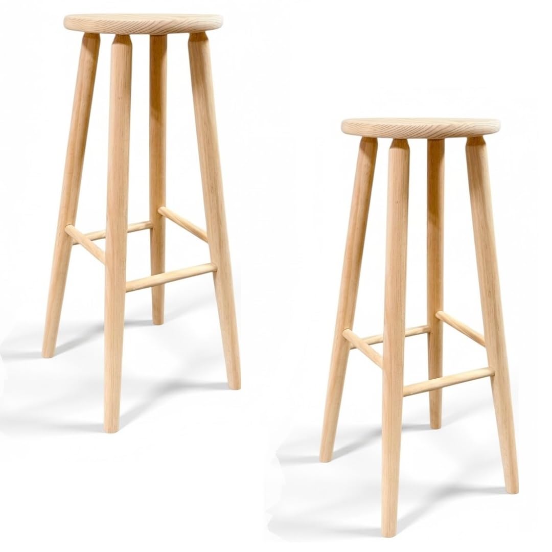 Taburete de Madera, banqueta de Madera Natural sin Tratar 70x30cm con reposapiés, Asiento para Todo Uso, hogar, Cocina, salón, Jardin, decoración. (2X Redondo - 70x30cm)