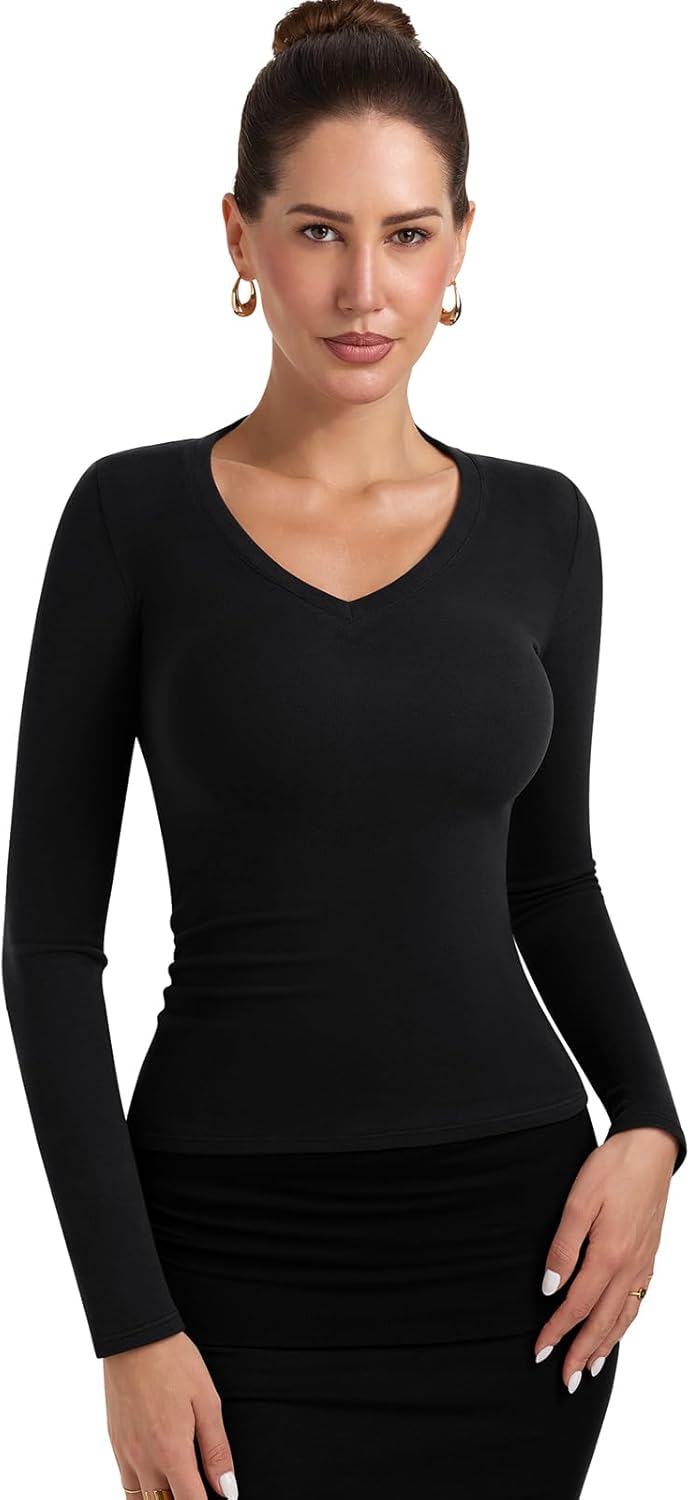 PINKMSTYLE Women's V Neck Long Sleeve Thermal Shirts Fall Winter Lightweight Base Layer Undershirts Basic Tops - Image 3