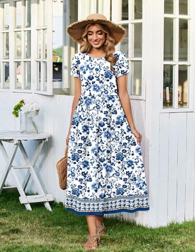Image of Zeagoo Summer Dresses for Women 2026 Maxi Bohemian Floral Short Sleeve Long Dress Casual Flowy Tired Beach Sundress