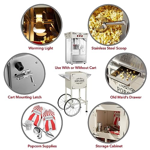 Olde Midway Movie Theater-Style Popcorn Machine Maker with Cart and 10-Ounce Kettle - Cream, Vintage-Style Popper on Wheels