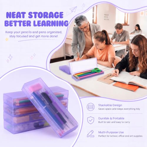 Image of Fainne 24 Plastic Pencil Case Bulk Hard Pencil Boxes with Snap Lid Crayon Maker Pen Organizer Stackable Craft Storage Boxes for School Supplies(Single Layer,Purple,7.09 x 2.36 x 0.98 Inch)