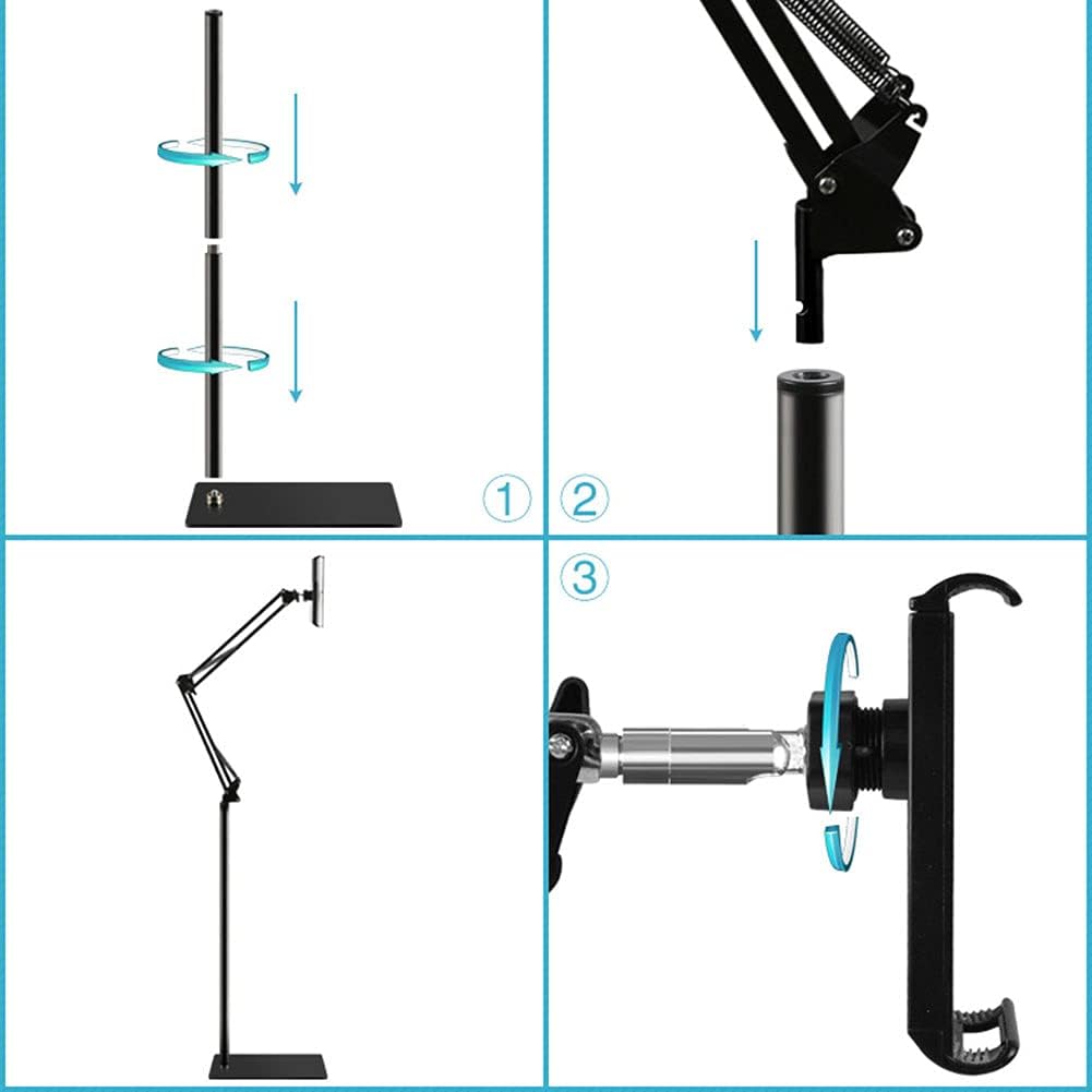 Phone/Tablet Floor Stand, Heavy Duty Steel Metal Universal Adjustable Mobile Cell Smartphone Mount Lazy Bracket 360 Degree Rotation Holder Gooseneck Clamp Flexible Long Arm (Black, 4.6 feet)
