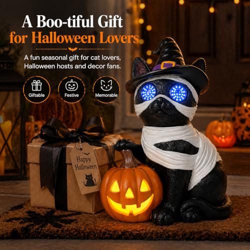 Dawbun Halloween Cat Decorations Outdoor Solar Lights Black Cat Decor for Garden Porch Yard Patio Entryway Animal for Cat Lovers Mummy Cat with Pumpkin LED Eyes Resin Statue 11.1 in by Dawbun - Used condition - Image 5