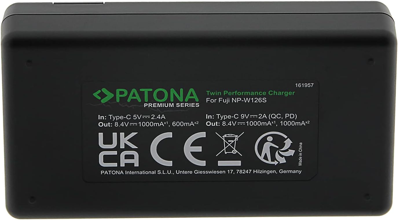 Back of PATONA Twin Performance Charger 161957 showing input/output specifications