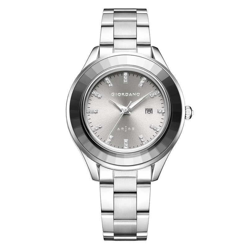 Image of Giordano Arias Lara Dutta Signature Collection Analog Quartz Watch for Women Round Sunray Dial Crystal Hour Markers, Date Display & Stainless Steel Strap