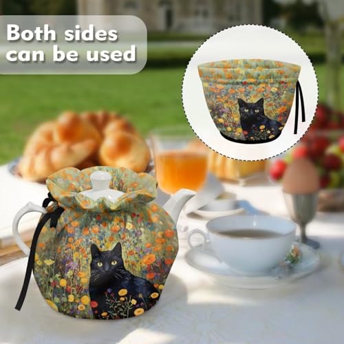 Image of Xoenoiee Black Cat Floral Print Tea Pot Cosy Cotton Tea Cozy for Teapots Dust Cover Insulated Kettle Cover Teapot Warmer for Home Kitchen Decorative Accessories