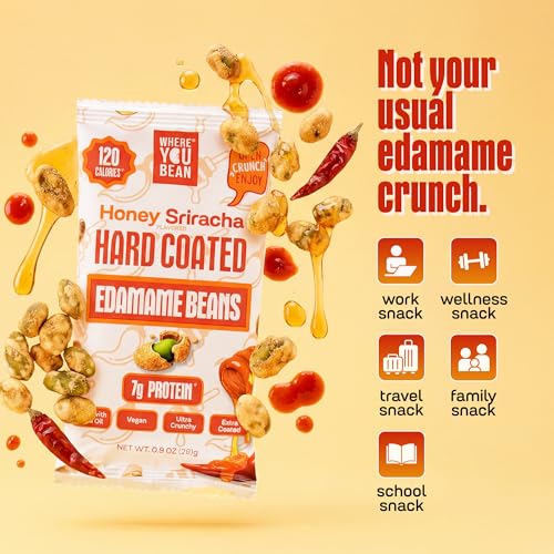Image of Where You Bean Hard Coated Edamame Beans Snack (Honey Sriracha) - Crunchy and Roasted Edamame Beans Snack - Vegan, Plant Based Protein, Keto Friendly & Healthy Snacks for Adults 0.9 oz (Pack of 8)