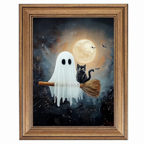 NITERNY ART Framed Vintage Halloween Wall Art, Cute Ghost & Black Cat on Broom Full Moon Painting Print, Antique Gold Frame Spooky Decor, Dark Aesthetic Fall Picture for Living Room, Bedroom, Kitchen, Ready to Hang (12L x 9.5W)