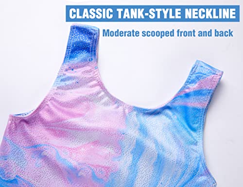 TENVDA Girls Gymnastics Leotards Size 7-8 Years Old Sparkly Blue Spiral Graffiti Printed Biketard Acro Class Workout Unitard