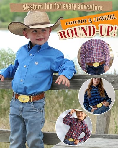 AWAYTR Kids Ratchet Western Belt - PU Leather Cowboy Belt Adjustable Toddler to Big Kid Sizes for Jeans (Gold Silver Cow-Brown, Fit Waist: 23\"-26\")