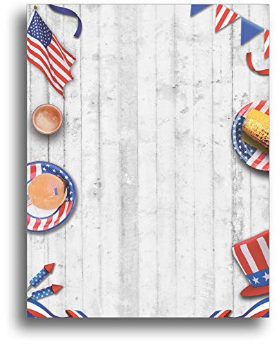 American Patriotic Picnic Printable Letterhead Stationery Paper - 80 Sheets 8.5" x 11" Decorative Writing Paper - Rustic USA Letter Paper - 28lb Bond (105gsm) for BBQ Events 4th of July Memorial Day