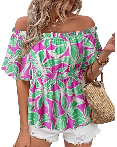 Bebonnie Beach Vacation Clothes for Women: Off The Shoulder Peplum Tops Short Sleeve - Boho Linen Shirts for Womens - Chiffon Formal Blouses for Women Elegant Evening Turquoise Leaf M