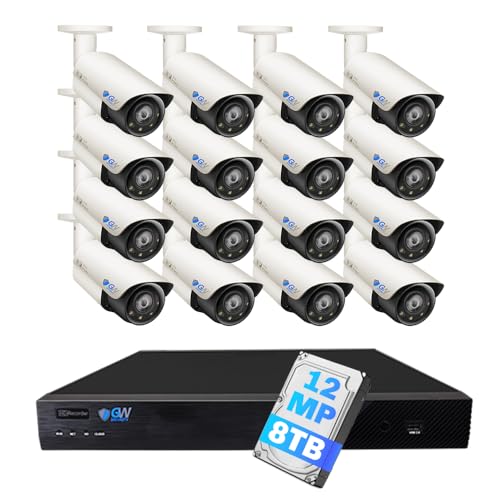 GW Security 32 Channel NVR UltraHD 12MP 4K @30FPS Face/Human/Vehicle Detection PoE Security Camera System with 16 x 6K 12MP Microphone Smart AI Waterproof Bullet Camera, Starlight Color Night Vision