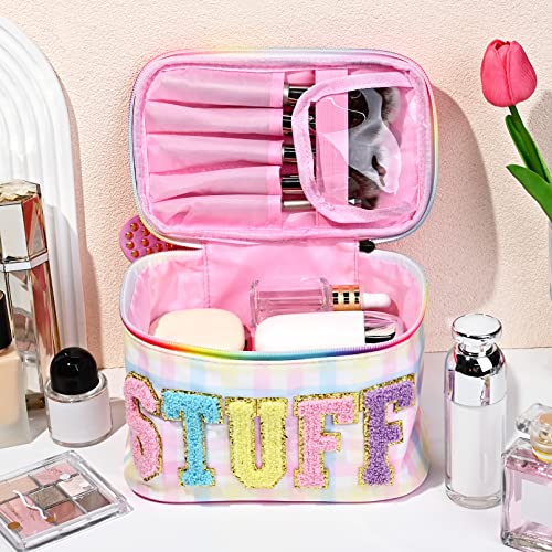 Soidram Makeup Bag Large Stuff Cosmetic Bag Preppy Travel Nylon Stoney Clover Dupes Letter Patches Cute Makeup Bag Organizer Toiletry Bag Box Rainbow Pink Makeup Brushes Storage Bag For Women #TOP4