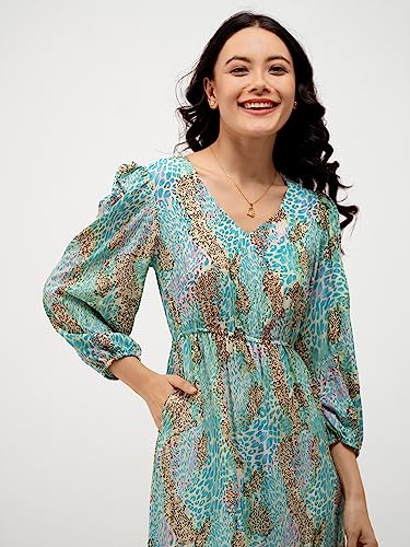 Image of AASK Abstract Printed Puff Sleeve Gathered Detailed Fit Flare Dress