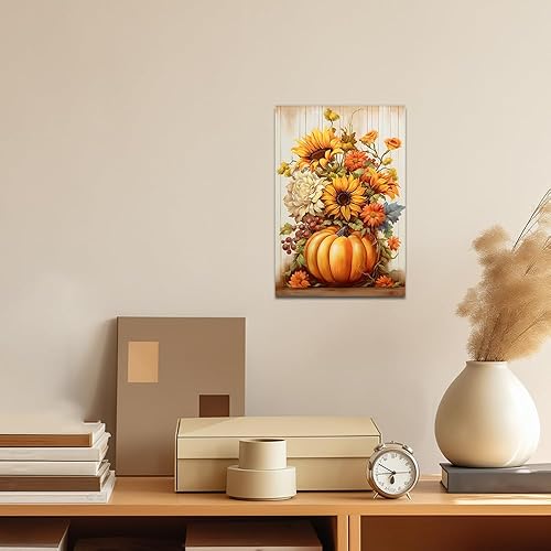 Miniatura 4 de QIXIANG Lienzo decorativo de otoño para pared, diseño de calabaza y girasol, pintura del día de Acción de Gracias, lienzo de cosecha de otoño, marco