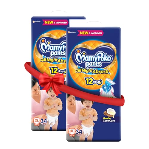 Image of Mamypoko pants All night absorb| Pant Style Baby Diapers X- Large Size(XL), 68 Count, Ideal for 12-17Kgs|1 Diaper= Upto All night Absorption|Wider Crisscross Sheet|Gentle Coco Care| 12hr Leakage Protection| Prevents Heaviness (Pack of 2)