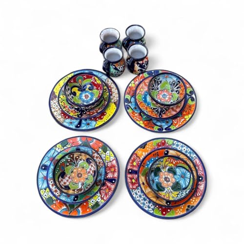 16-Piece Talavera Dinnerware Set | Hand-Painted Mexican Pottery With 4 Large 11.5” Plates, 4 Small 8” Plates, 4 Bowls, And 4 Mugs | Unique, Artisan-Made Ceramic Dish Set