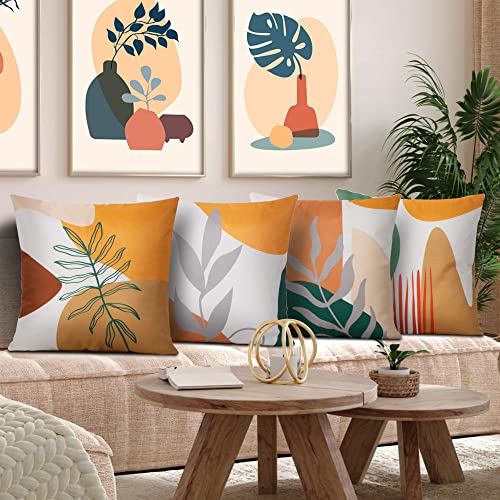 Ficakst Modern Abstract Boho Throw Pillow Covers 18X18 Set Of 4 Burnt Orange Pillow Covers Geometric Floral Minimalism Linen Decorative For Bed Couch Sofa Outdoor Patio Home #TOP4