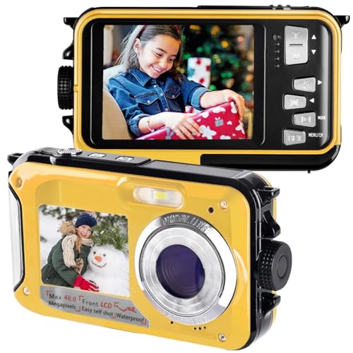 Underwater Camera for Snorkeling 10FT Waterproof Digital Camera Full HD 2.7K&48MP Compact Floatable, Dual-Screen Selfie/16X Digital Zoom/Fill Light/Support 128GB Card(Yellow)