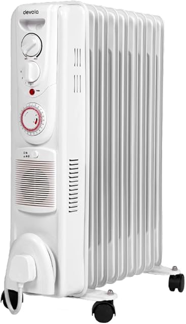 Devola 2500W Oil Filled Radiator with an Adjustable Heating Dial, PTC Fan Heater, 24 Hour Shutdown Timer, Schedule Timer and Turbo Heating - DVSOR9F25W (2500W, White)