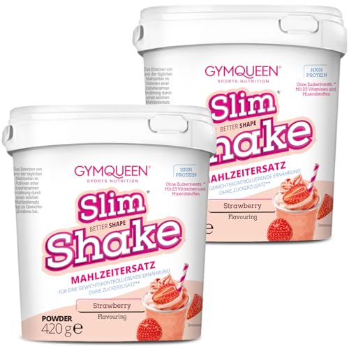 GymQueen Slim Shake 2x420g, Erdbeer, Leckerer Diät-Shake zum einfachen Abnehmen, Mahlzeitersatz mit wichtigen Vitaminen und Nährstoffen, nur 250 kcal pro Portion
