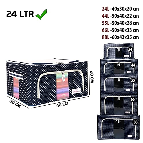 Image of Storage Box and Organiser for Clothes | Cloth Organizer for Storage | Clothes Wardrobe Organizer for Storage | Fits in Small Closet & Room Corner | 24 Ltr Set of 2, Blue Polka