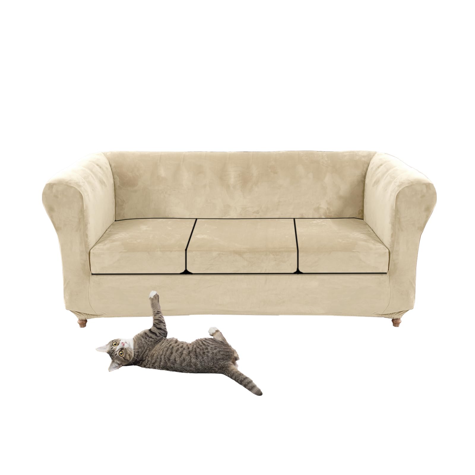 Housse de canapé extensible velours beige SYLC protection salon pour canapé incurvé Chesterfield
